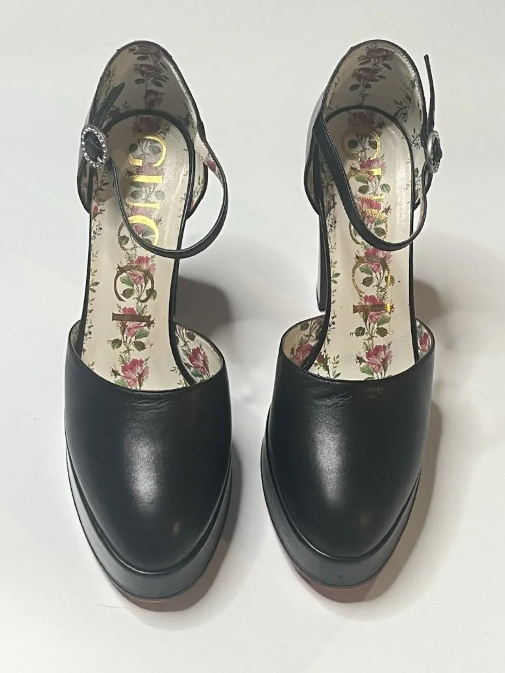 Gucci Black Leather Mary Jane Platform Heels Floral Print Lining Sz 37 Italy 6.5